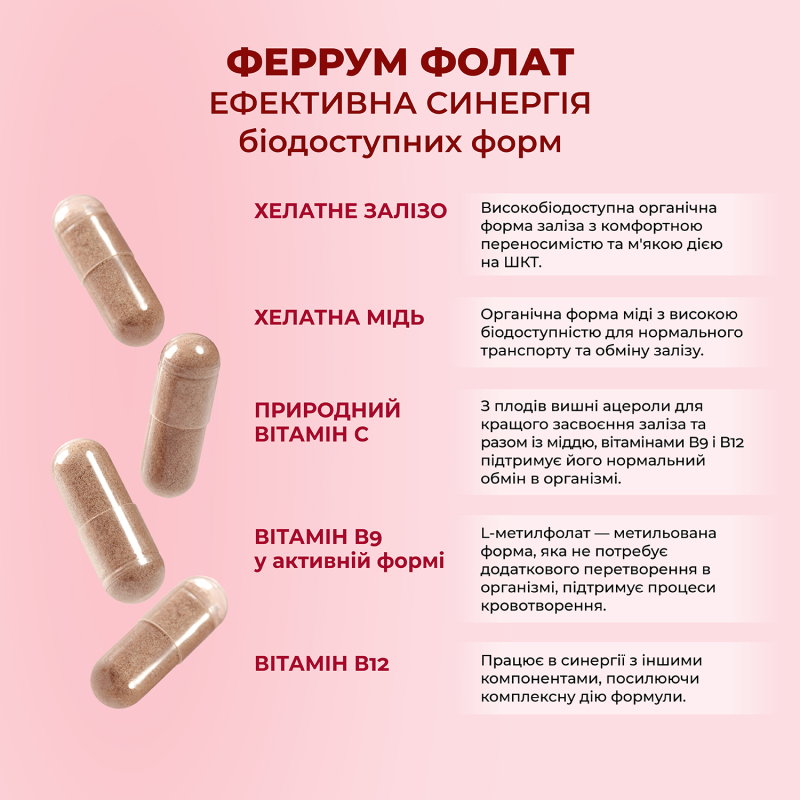 Феррум Фолат Баланс, хелатне залізо з вітамінами та міддю - зображення 6 Феррум Фолат Баланс, хелатне залізо з вітамінами та міддю | Amrita - зображення 6